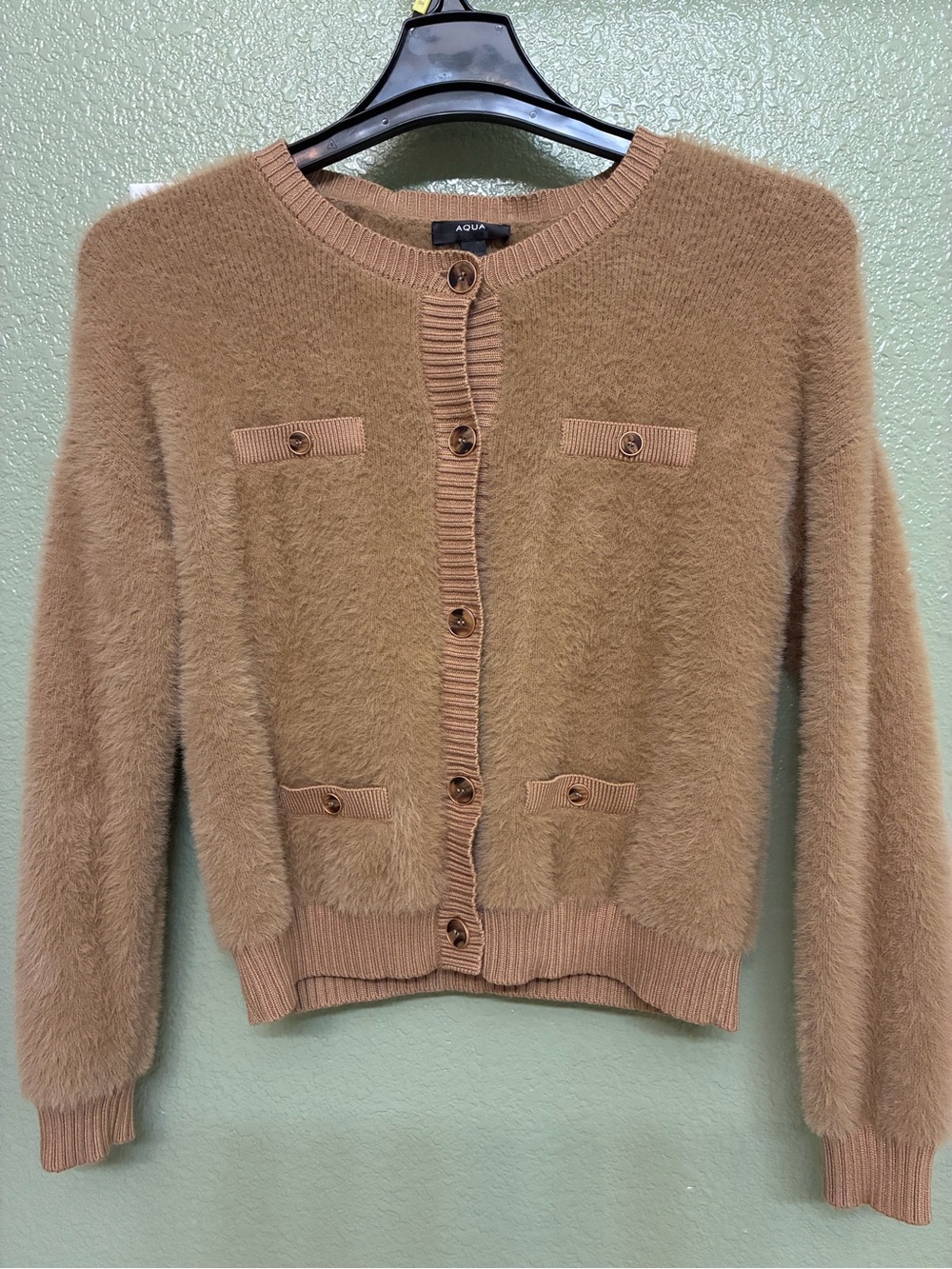 Aqua Camel Fuzzy Button-Front Cardigan